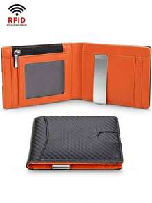 Dompet Serat Karbon untuk Pria, Dompet Lipat Tipis Pendek dengan Klip Uang, Kantong Koin Berresleting, Jendela ID, Dompet Pintar Minimalis Anti-Pencurian - MultiWarna - View 13