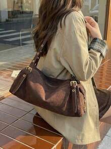 1pc Faux Suede Handbag With Gold-Tone Hardware, Convertible Tote And Shoulder Bag, Zipper Closure, Vintage Casual Style, Suitable For Autumn/Winter Commuting, Dating, Shopping - Coffee - View 5