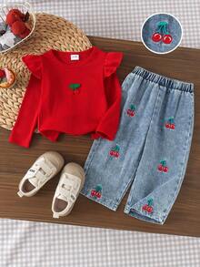 2pcs Baby Girl Sweet Cute Cherry Embroidery Flutter Sleeve Round Neck Top & Matching Embroidery Elastic Waist Denim Long Pants Set, Spring/Autumn - Red - View 1