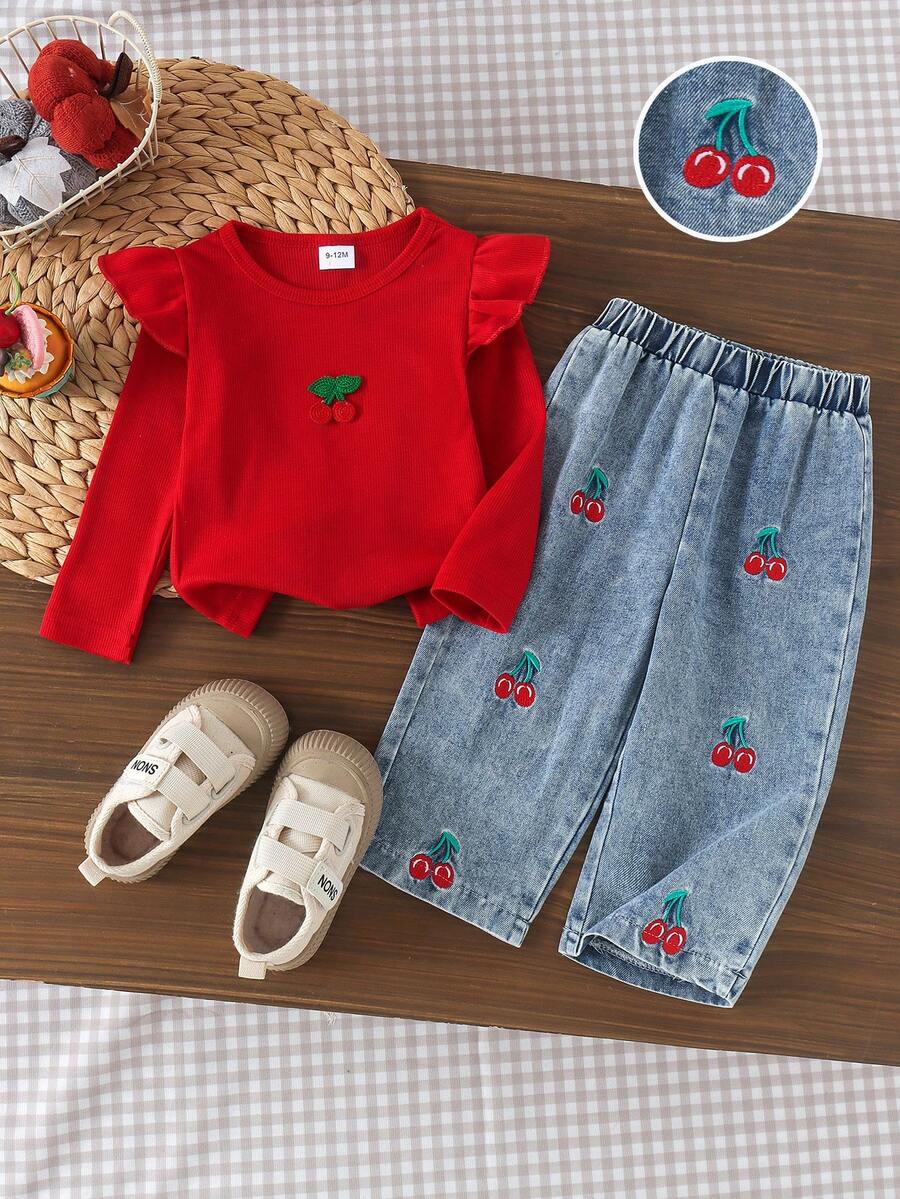 2pcs Baby Girl Sweet Cute Cherry Embroidery Flutter Sleeve Round Neck Top & Matching Embroidery Elastic Waist Denim Long Pants Set, Spring/Autumn - Red - View 1