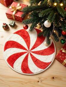 Round Burgundy Christmas Tufted Rug With Checkered Border, Snowman, Gingerbread, Gift And Candy Cane Plush Design - Red - View 1
