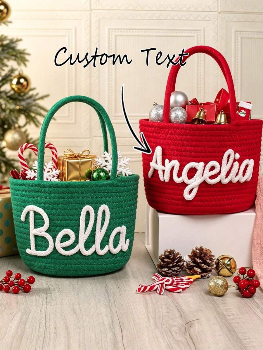 Personalized Custom Name Cotton Rope Woven Christmas Gift Basket, Handheld Candy Storage Basket With Handle, Multifunctional Home Organizer For Bedroom Living Room, Xmas Holiday Decor & Present - Multicolor - View 1