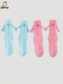 1/2 Pairs Cute Funny Smiling Face Embroidered Automatic Magnetic Attachment Holding Hands Mid-Calf Socks For Couples - Multicolor - View 8