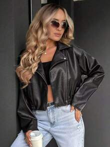 Women's PU Leather Motorcycle Jacket With Lapel Collar, Zipper, Litchi Texture, Loose Fit, Elastic Waist, Short Length, Spring/Autumn - Black - View 3
