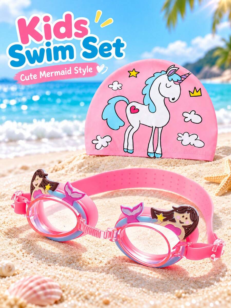 Kids Swimming Goggles Set, Cute Cartoon 3D Pattern Swimming Goggles, Cartoon Swim Cap, Adjustable Swim Strap, Unisex Children's Pool Swimming Water Play, Summer Swimming Goggles - Hot Pink - View 1