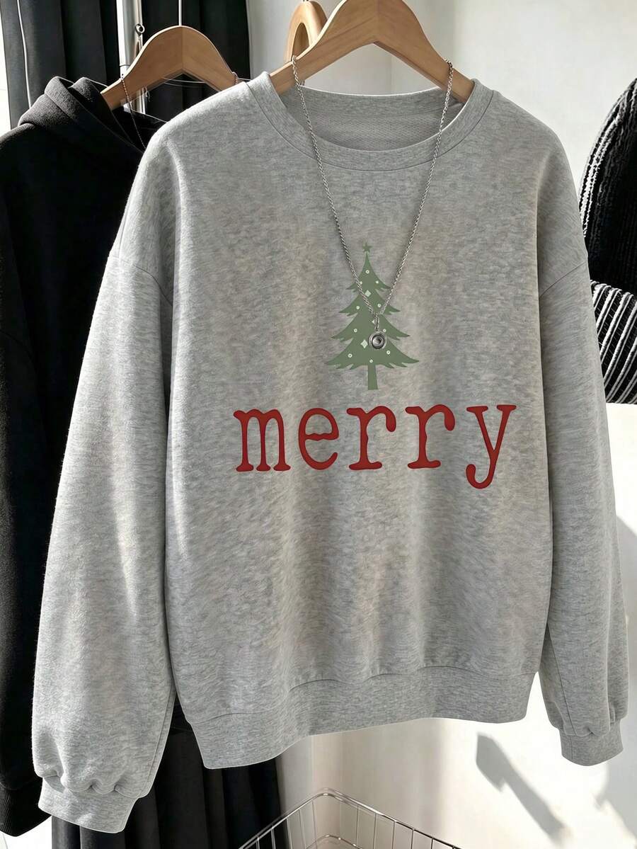 Plus Size Women's Daily Christmas Tree Prints Round Neck Long Sleeve Casual Spring/Fall/Winter Hoodie Outfits For Women Tops For Women - Light Grey - View 1