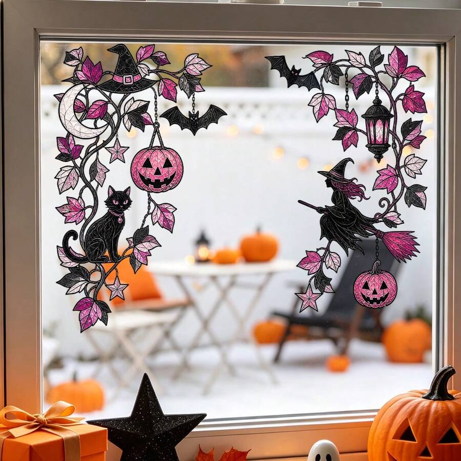 1/3pcs Vintage Halloween Gothic Maple Leaf Vine Window Decal, Double-Sided Visible PVC Static Cling Glass Sticker, Suitable For Living Room, Bedroom, Kitchen, Balcony Window Decoration - Multicolor - View 1