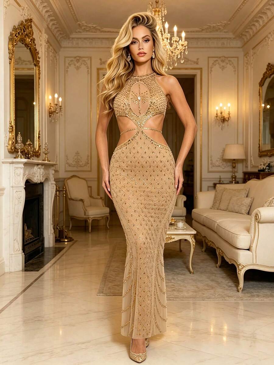 Women's Elegant Round Neck Rhinestone Hollow Out Gold Fitted Bodycon Party Ball Evening Dress - Apricot - View 1