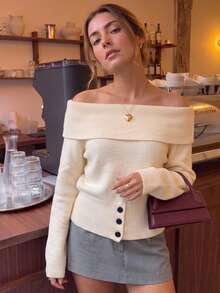 Korean Style Autumn/Winter Off-Shoulder Sweater Women Niche French Design Soft Knit Pullover Top - Apricot - View 2