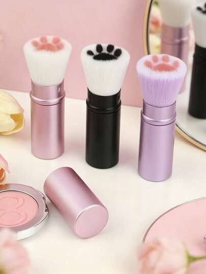 1 pieza Brocha de maquillaje cilíndrica retráctil, con patrón de pata de gato y cerdas suaves con tapa protectora, para aplicación de rubor & polvo suelto, herramienta de belleza portátil, esencial para vacaciones, regalos de Navidad, adecuada para viajes, maquillaje diario & ocasiones de fiesta
