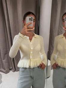 FOR BEAUTY Romantic Knitted Cardigan, Women's New Long Sleeve Sweater Jacket, Spring/Summer Hollow Out Knitted Tassel Cardigan, Spring Outerwear - Apricot - View 3