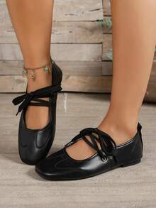 Women's Lace-Up Mary Jane Flats, Square Toe Soft Leather Vintage Ballet Shoes - Brown - View 3