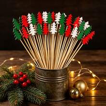 10/100pcs Bamboo Christmas Tree Fruit Picks, 3 Colors, Suitable For Appetizers, Fruit Skewers, Pumpkin, Acorn; Multi-Functional Picks, Perfect For Halloween, Christmas, Valentine's Day And Various Party Events - Multicolor - View 10