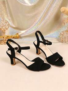 1 Pair Women's Black High Heel Sandals, Suede PU Fabric, Adjustable Buckle Strap, Rhinestone Pendant Decor, Minimalist Party Style, Suitable For Daily Wear, Office Commute, Parties And Events - Black - View 3