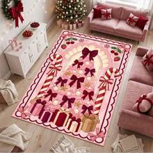 GEL HUT MUN Karpet Natal Pink, Karpet Pohon Natal Coquette, Karpet Area Liburan Pita, Dekorasi Natal Tongkat Permen, Karpet Natal Feminin, Karpet Liburan Pink - A - View 3