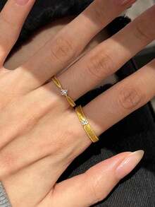 2pcs Luxury Vintage Brushed Texture Square Zirconia Ring Set, Minimalist Exquisite Super Shiny Square Diamond Geometric Couple Rings, Adjustable, Suitable For Women's Daily Wear - Gold - View 5