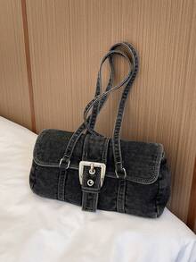 Tas jinjing model retro dengan detail penutup dan gesper, simpel dan modis, cocok untuk perjalanan sehari-hari, belanja, dan berlibur. - Hitam - View 9