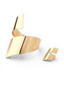 Ashenrae 1 Bracelet & 1 Geometric Shaped Alloy Ring Set - Yellow Gold - View 3