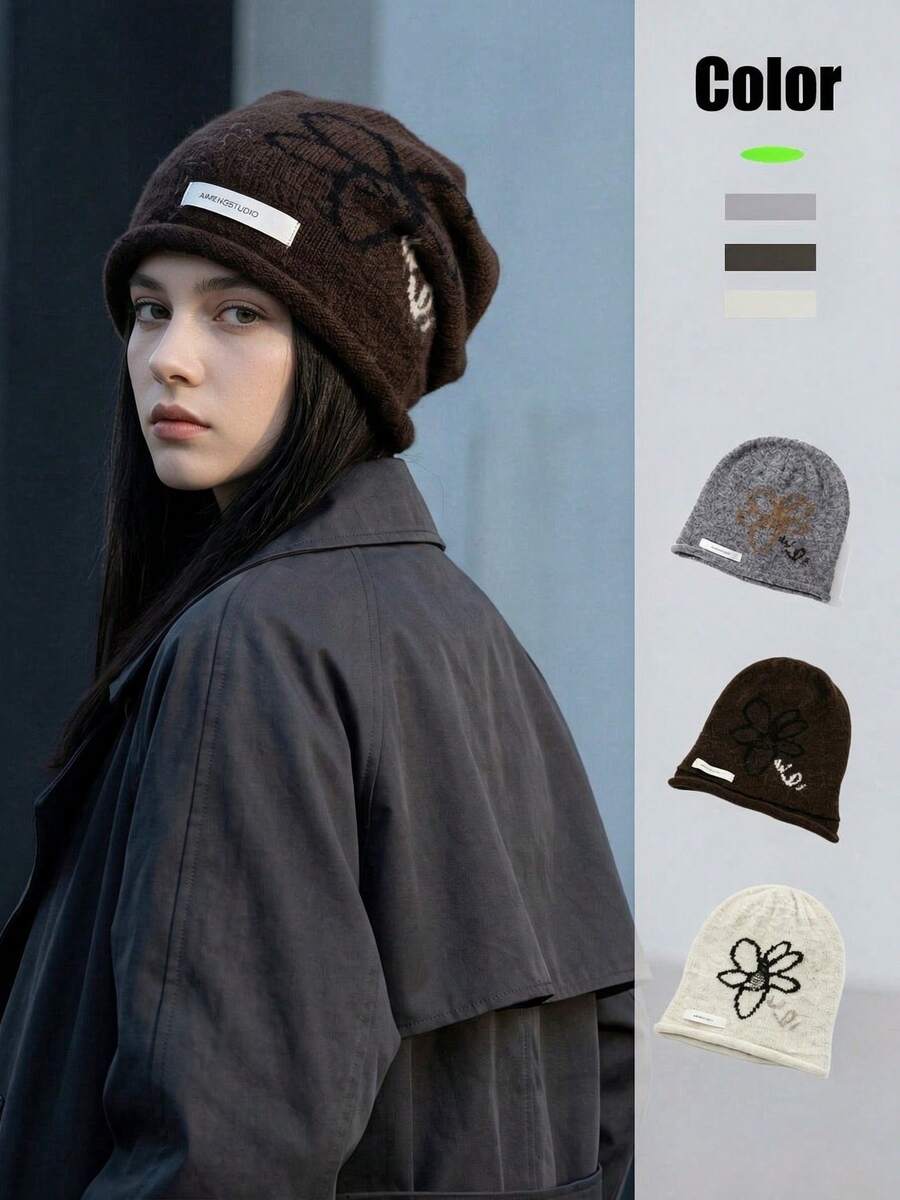 1pc Women's Bow Plush Knitted Slouchy Beanie Hat, Loose Fit, Face-Slimming, Large Head Circumference, Warm Cold Weather Cap For Autumn/Winter - Multicolor - View 1