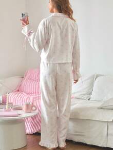 Women's Short Notch Neck Pajama Set, Pink Bow Print Wavy Stripe Long Sleeve Tie Cuff Top With Ruffle Wide Leg Pants, Soft Loungewear - Pink - View 4