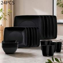 16/24‑Piece Matte Black Dinnerware Set, Reusable Stackable Tableware With Bowls, Plates And Cups, Microwave & Dishwasher Compatible For Home Daily Use, Camping, Picnics - Black - View 10