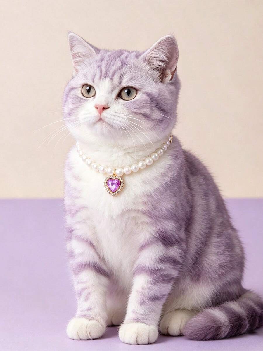 1pc Heart Rhinestone Pendant Faux Pearl Pet Necklace, Elegant Beaded Collar For Small Cat Kitten Puppy Dog Pet Photo Dress‑Up Accessory - Multicolor - View 1