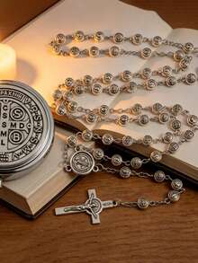 2pcs/Set Vintage Silver St. Benedict Metal Rosary Set With St. Benedict Medal Stainless Steel Storage Box, Crucifix, Catholic Cross Rosary, Religious Gift Set For Baptism, First Communion, Daily Prayer, Worship, Faith Accessory, Ideal Gift For Baptism, First Communion, Holidays - Antique Silver - View 2