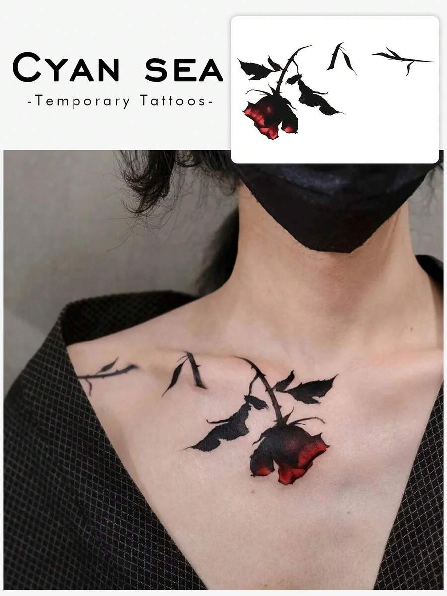 1pc Temporary Tattoo Sticker, Dark Withered Red Rose Pattern, Realistic Fake Tattoo Design, For Daily Wear, Bachelorette Party Favors, Music Festival, Game, Graduation Gift, Lasts 3‑5 Days - Multicolor - View 1
