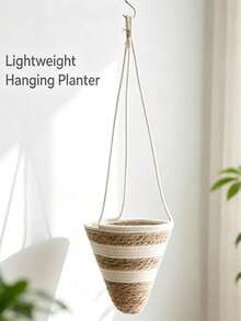 1PC Boho Hand‑Woven Jute Hanging Plant Basket, Cone‑Shape Hanging Flower Pot With Waterproof Inner Liner, Home Balcony Patio Decor - Pointed Bottom - View 7