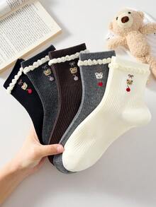 4 Pairs Women's Cute Sweet Breathable Bear Bow Cherry Pattern Short Socks, White Black Casual Comfortable Mid-Calf Socks, School Style Student Socks Gift, Random Color, Suitable For Daily Wear, Spring Summer Autumn Winter All Seasons - Multicolor - View 4