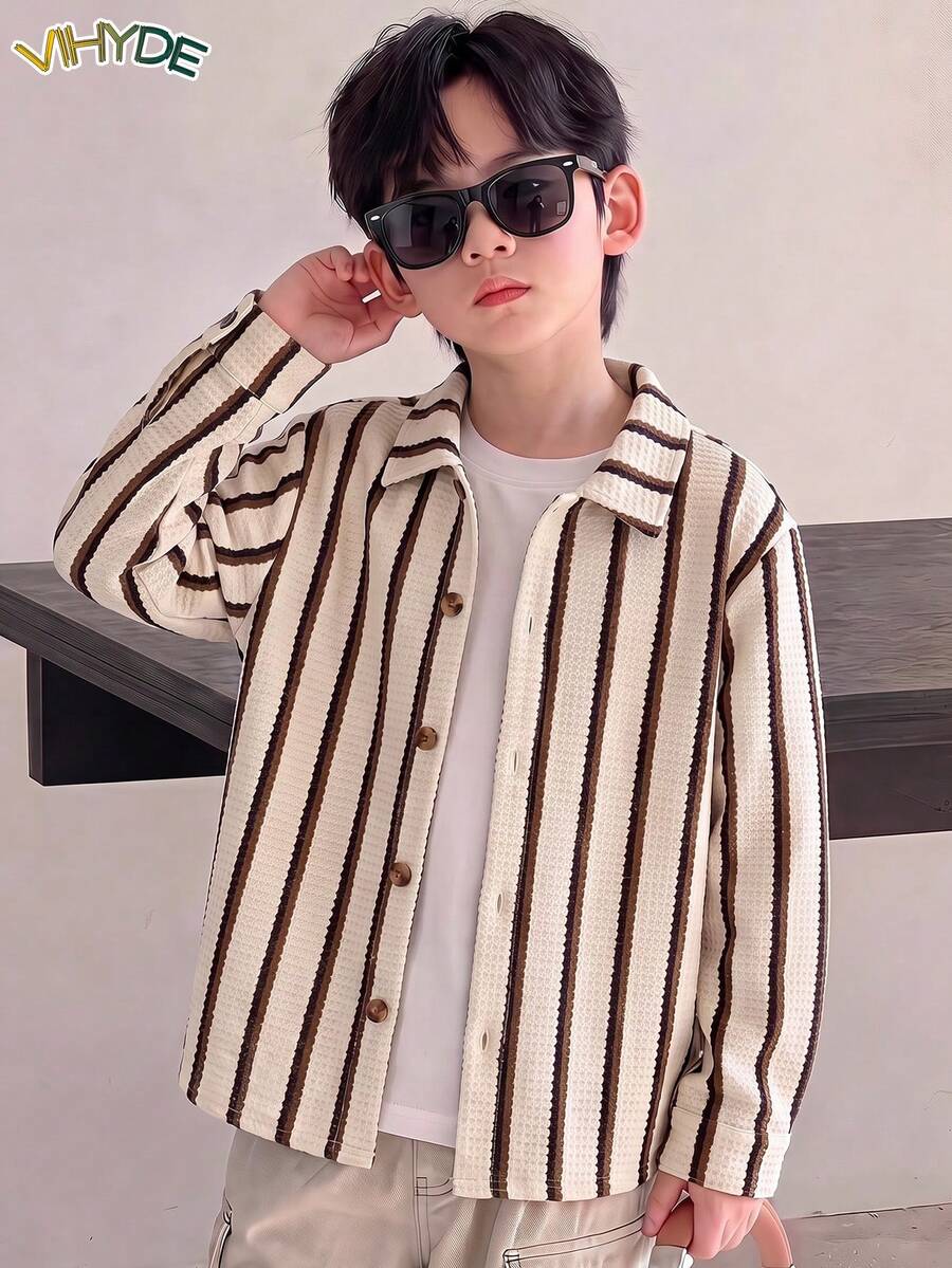 Vihyde Tween Boys Casual Striped Waffle Knit Long Sleeve Shirt Inner Layer Outerwear All Season Wear Fall Outfits - Multicolor - View 1