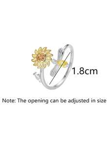 1pc Gold Sunflower Bee Rotating Open Adjustable Stress Relief Ring, Cubic Zirconia Fingertip Toy Jewelry, Personalized Accessory, Suitable For Daily Wear, Party, Gift - Multicolor - View 4