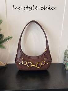 Classic Curved Body Metal Chain Decor Vintage Texture Shoulder Bag, Integrated Handbag Strap, Can Be Worn Underarm, Zipper Closure, Moderate Capacity Can Store Basic Personal Items, Unique Design Suitable For Daily Outings, Easily Enhance Overall Outfit Atmosphere - Coffee Brown - View 7
