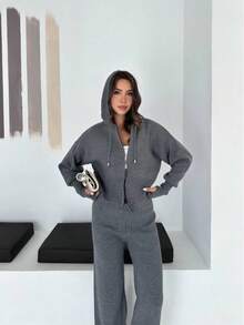Knitwear Two Pieces; Cozy Ribbed Knit Co-Ords Ribbed Two Pieces Set– Long Sleeve Pullover And Relaxed Wide-Leg Pants Knit Two Pieces,Autumn/ Winter - Grey - View 5