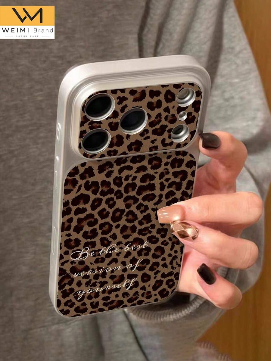 1pc Minimalist Fashion Slogan Leopard Print Full Coverage Button Classic Anti-Drop Metal Paint Premium Texture Soft Pattern PU Leather Phone Case, Suitable As Birthday Gift, Holiday Gift For Friends, Family, Couples, Yourself, Compatible With IPhone 18/17/16/15/14/13/14/12/11 Series - Multicolor - View 1