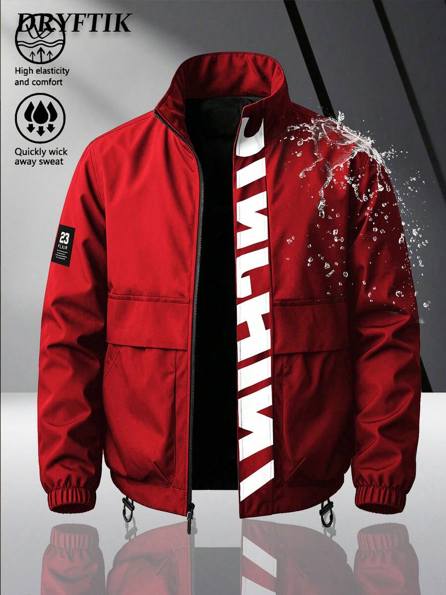 Men's High Street Stand Collar Windproof Casual Jacket, Minimalist Letter Print Stand Collar Drawstring Hem Functional Style Short Jacket - Red - View 1