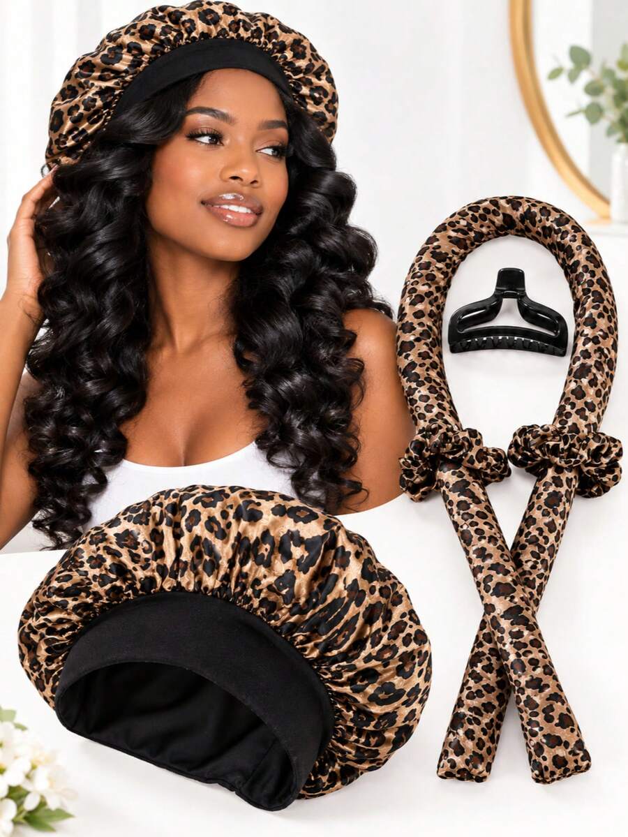 1/5pcs Leopard Print Heatless Curling Rod Set, Create Overnight Curls Without Heat, Includes Christmas Curling Rods, Curling Rods, Curling Tools, Heatless Curling Rods - Multicolor - View 1