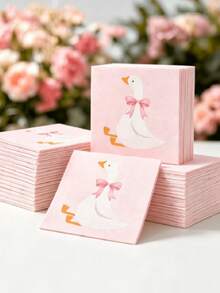 20/40/60pcs Pink Goose & Pink Bow Disposable Paper Napkins, Cute Animal Pattern Lunch Napkins, Suitable For Baby Shower, Girls Birthday Party Table Decor - View 1
