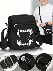 1pc/2pcs Halloween Vampire Teeth Print Knit Beanie Hat & Crossbody Bag Set, Unisex Printed Fall Winter Streetwear Accessories For Men Women - Multicolor - View 3