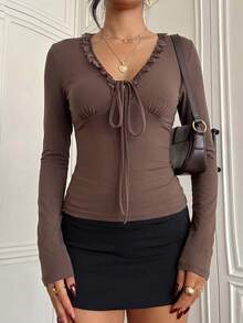 SCARLUX Autumn Y2K Women's Brown Lace Trim V-Neck Long Sleeve Top, Lace-Up Front Slim Fit Cropped T-Shirt, Casual Style - Brown - View 4
