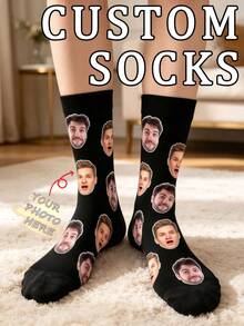 Custom Face Socks, Personalized Photo Print Crew Socks, Red Heart Pattern, Customized Gift For Boyfriend Valentine's Day Present - Black - View 5