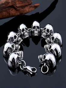 1pc Fashionable European And American Vintage Personalized Hip-Hop Skull Bracelet, Suitable For Men's Daily Street And Party Wear - Antique Silver - View 7
