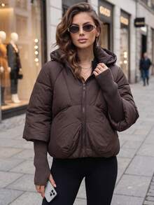 Women's Quilted Puffer Jacket, Detachable Hood, Knit Cuffs, Zip Front, Relaxed Fit - Coffee Brown - View 4
