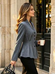 Blazer Wanita Elegan dengan Leher V dan Hem Berkerut | Jaket Kantor Slim Fit dengan Pinggang Berkerut - Pakaian Bisnis Musim Gugur/Dingin - Grey - View 5