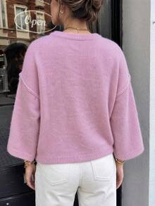 Vintage, Elegant, Minimalist All-White Round Neck 3/4 Sleeve Mohair Sweater, Suitable For Autumn, Christmas, And New Year Occasions - Pink - View 7