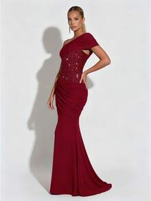Shiny Patchwork Elegant Party Ruffle Asymmetrical Shoulder Dress, Suitable For Evening Date, Formal Dinner - Red - View 6