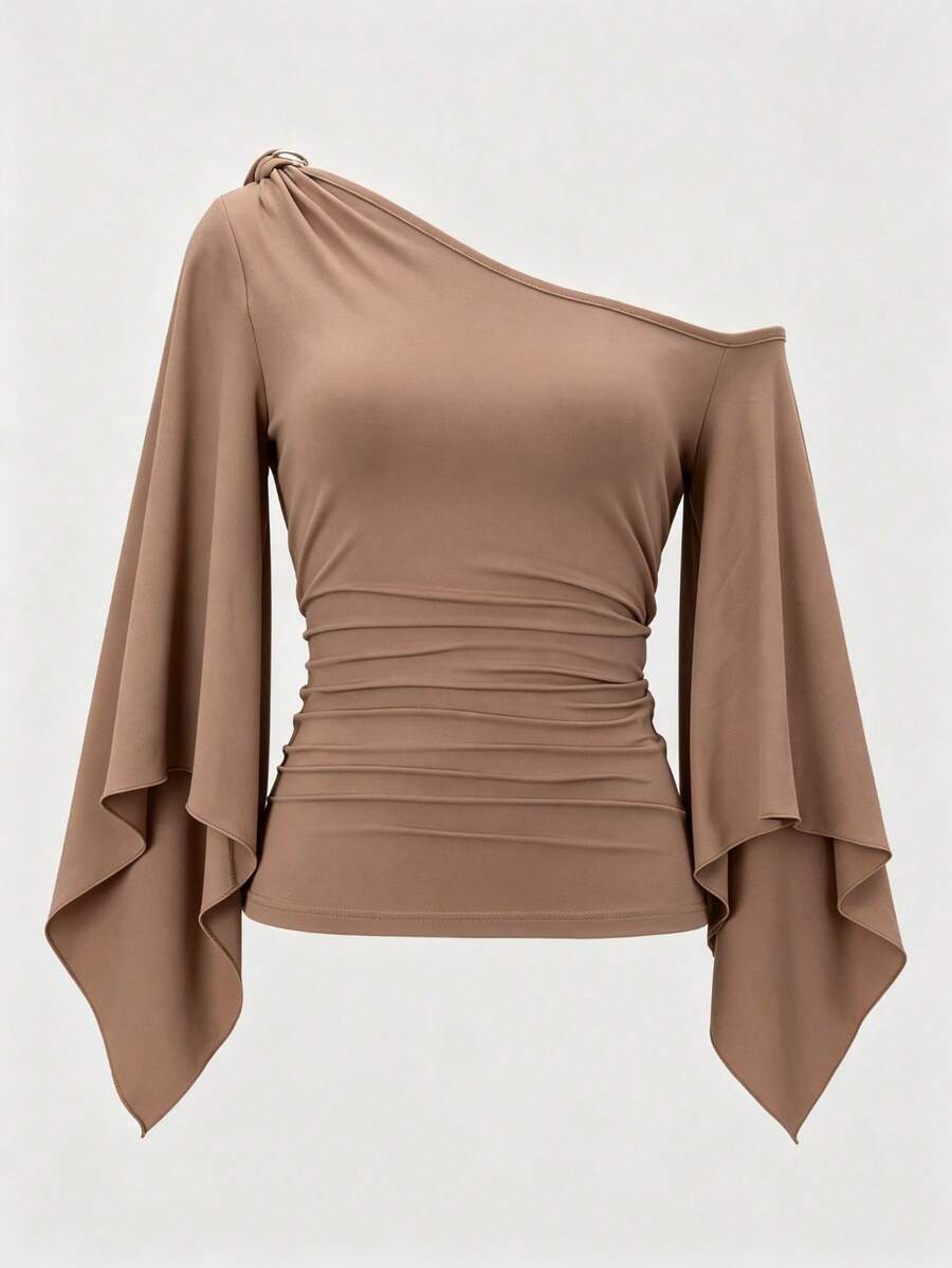 Asymmetrical Shoulder Top For Women, Single Shoulder Exposed With Metal Buckle Design, Ruched Waist, Draped Long Sleeve Top For Commute And Date - Khaki - View 1