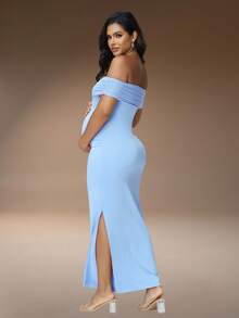 JustVH Maternity Mesh Off Shoulder Elegant Summer Sleeveless Dress For Baby Shower Photoshoot Spring Fall - Baby Blue - View 2
