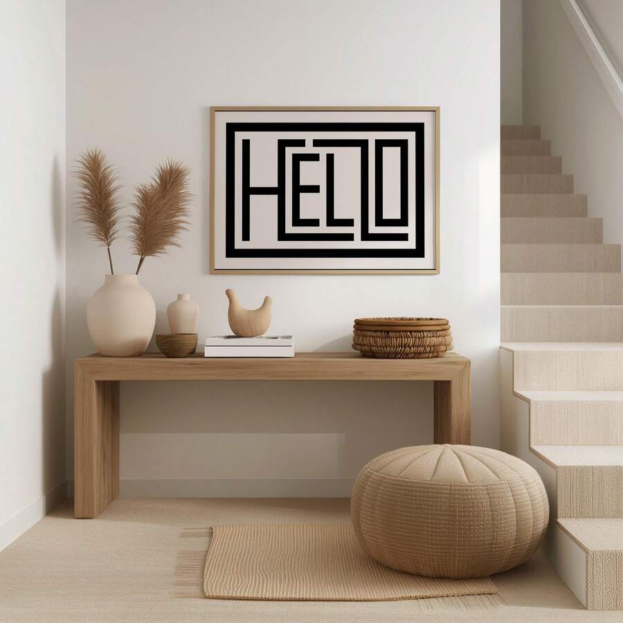 1PC Unframed Hello Text Canvas Wall Art, Modern Geometric Line "Hello" Letter Print, Black And White Minimalist Typography Wall Decor For Entryway Living Room Bedroom - 111 - View 1
