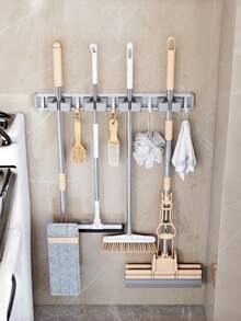 1pc Multifunctional Wall-Mounted Broom & Mop Holder, Silver Gray Rust-Proof Self-Adhesive Tool Organizer With Hooks, Suitable For Laundry Room, Garage, Kitchen, Christmas & Thanksgiving Home Cleaning Gift - Multicolor - View 16